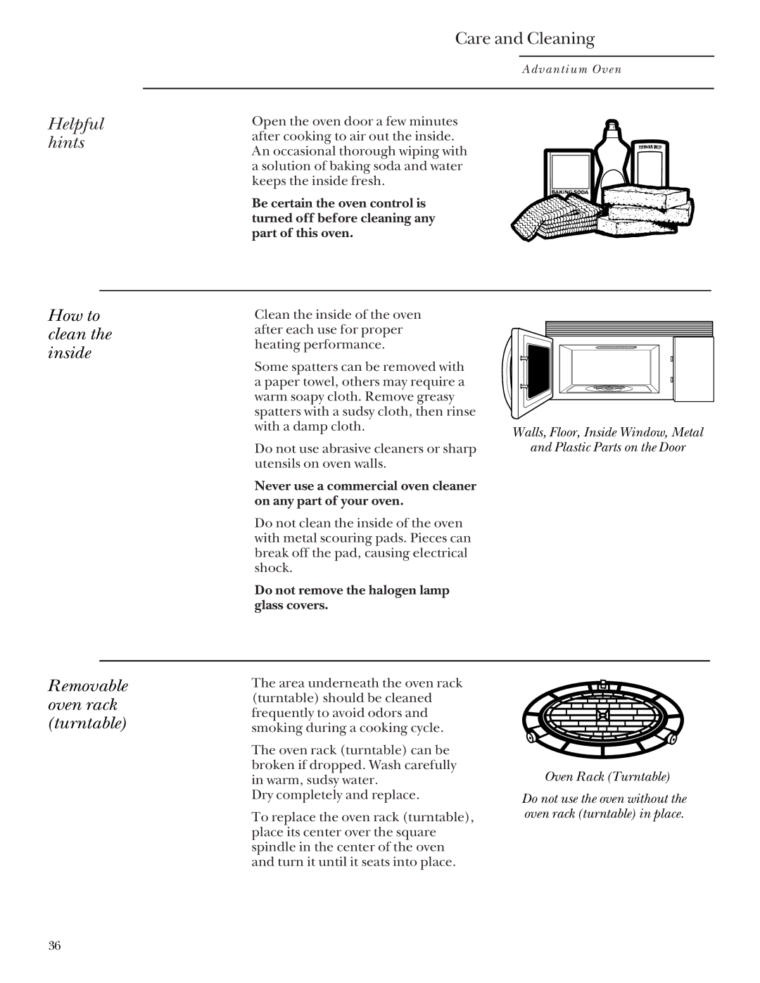 GE Monogram SCA2000, SCA2001 Helpful hints, Care and Cleaning, How to clean the inside, Removable oven rack turntable 