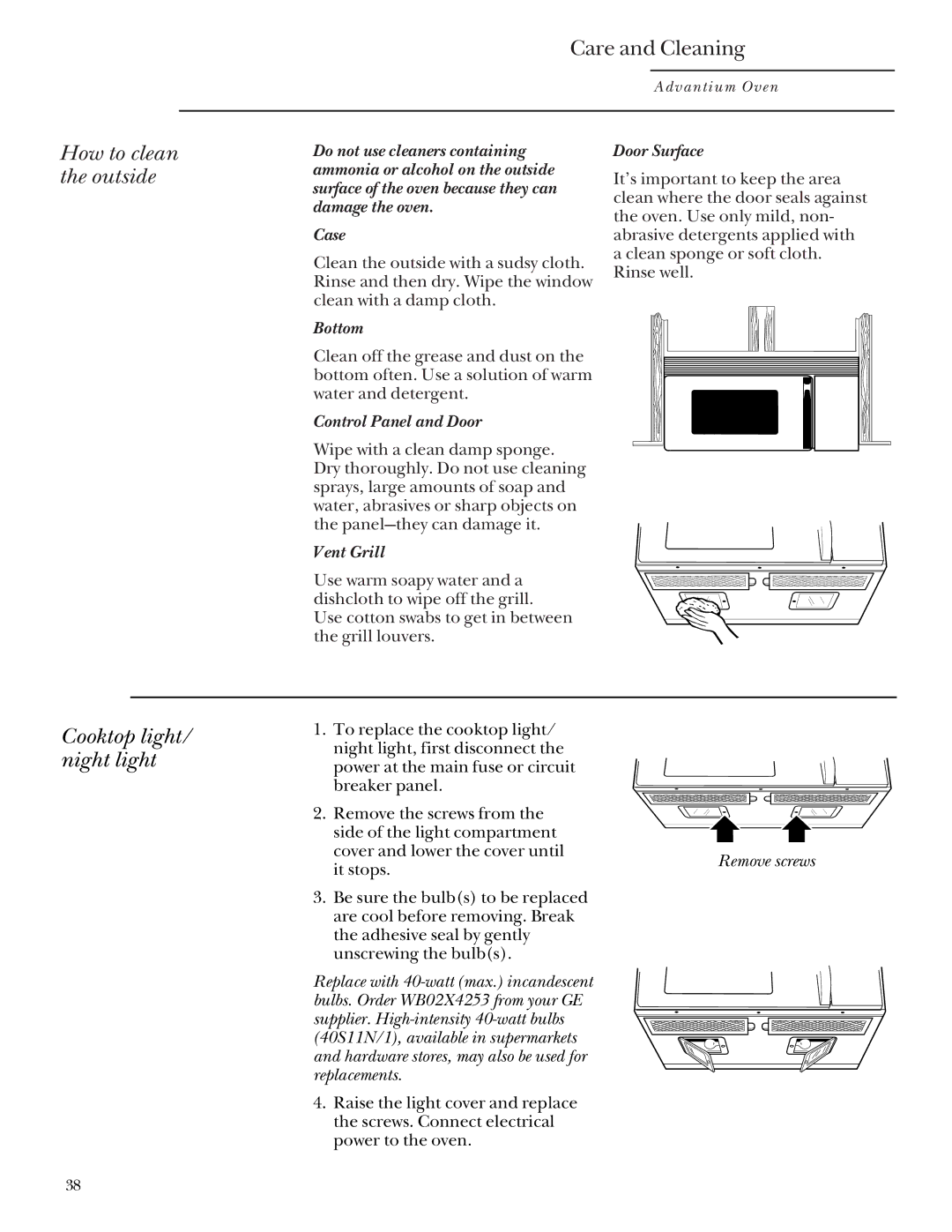 GE Monogram SCA2000, SCA2001 owner manual How to clean the outside, Cooktop light/ night light 