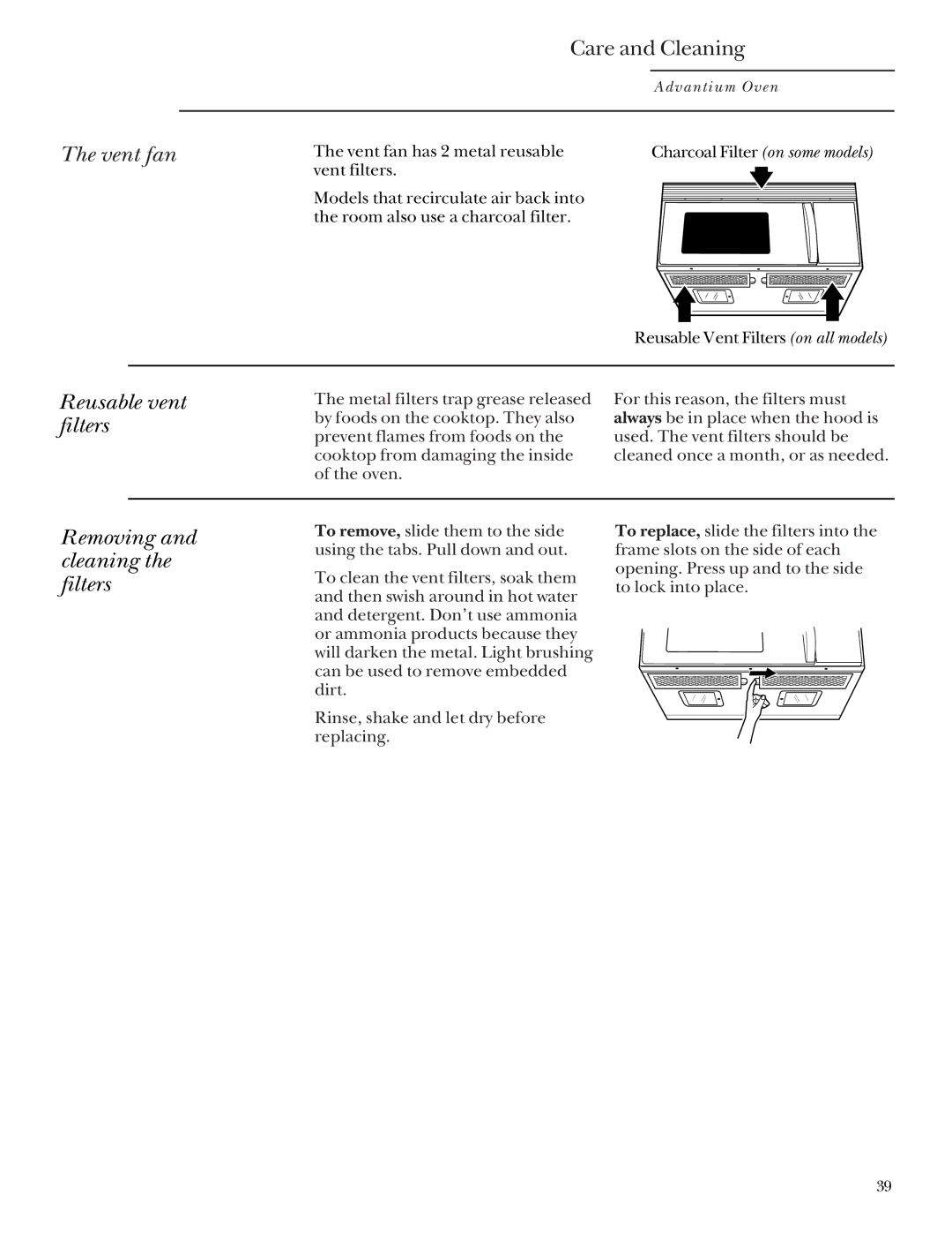 GE Monogram SCA2001, SCA2000 owner manual Reusable vent filters, Removing and cleaning the filters 