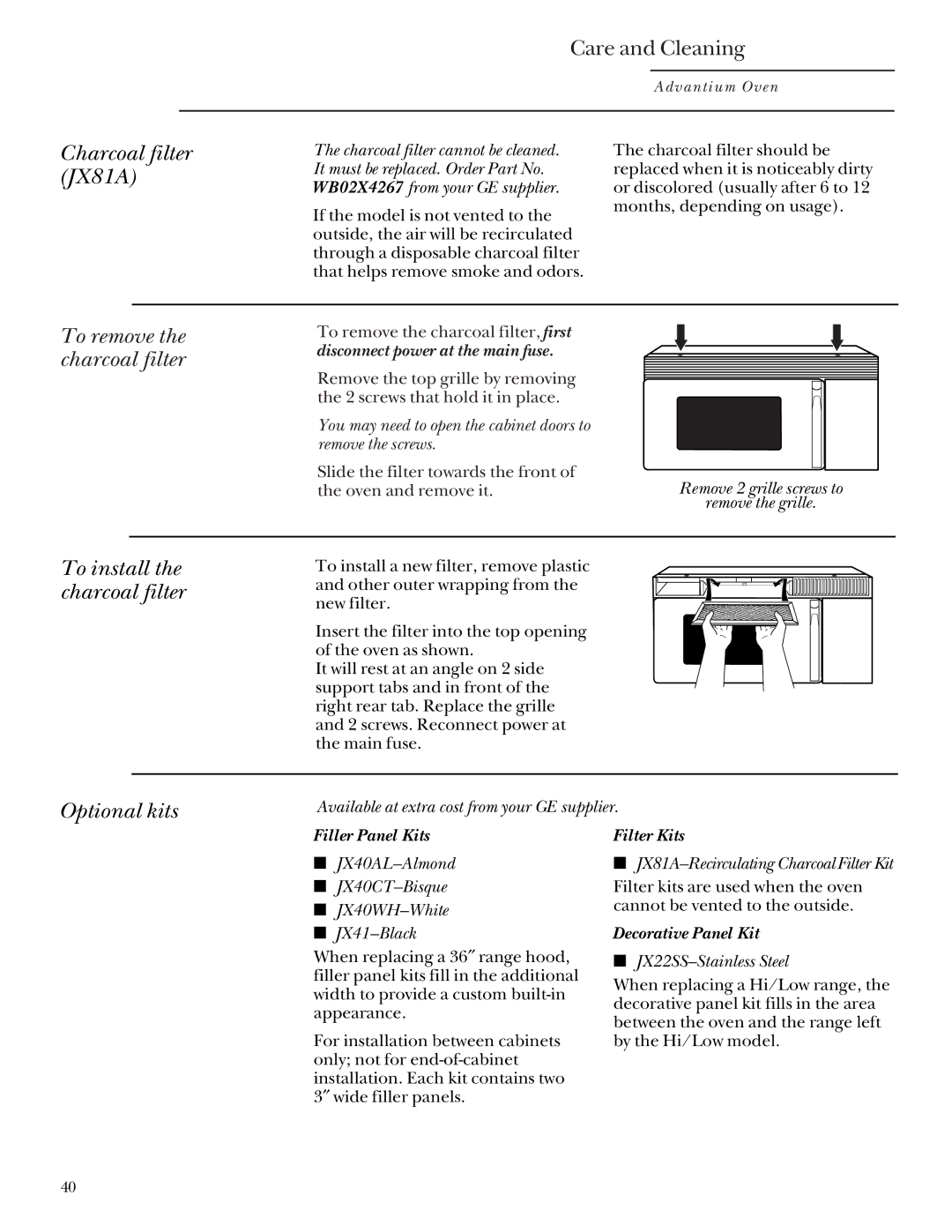 GE Monogram SCA2000, SCA2001 owner manual Charcoal filter JX81A, You may need to open the cabinet doors to remove the screws 