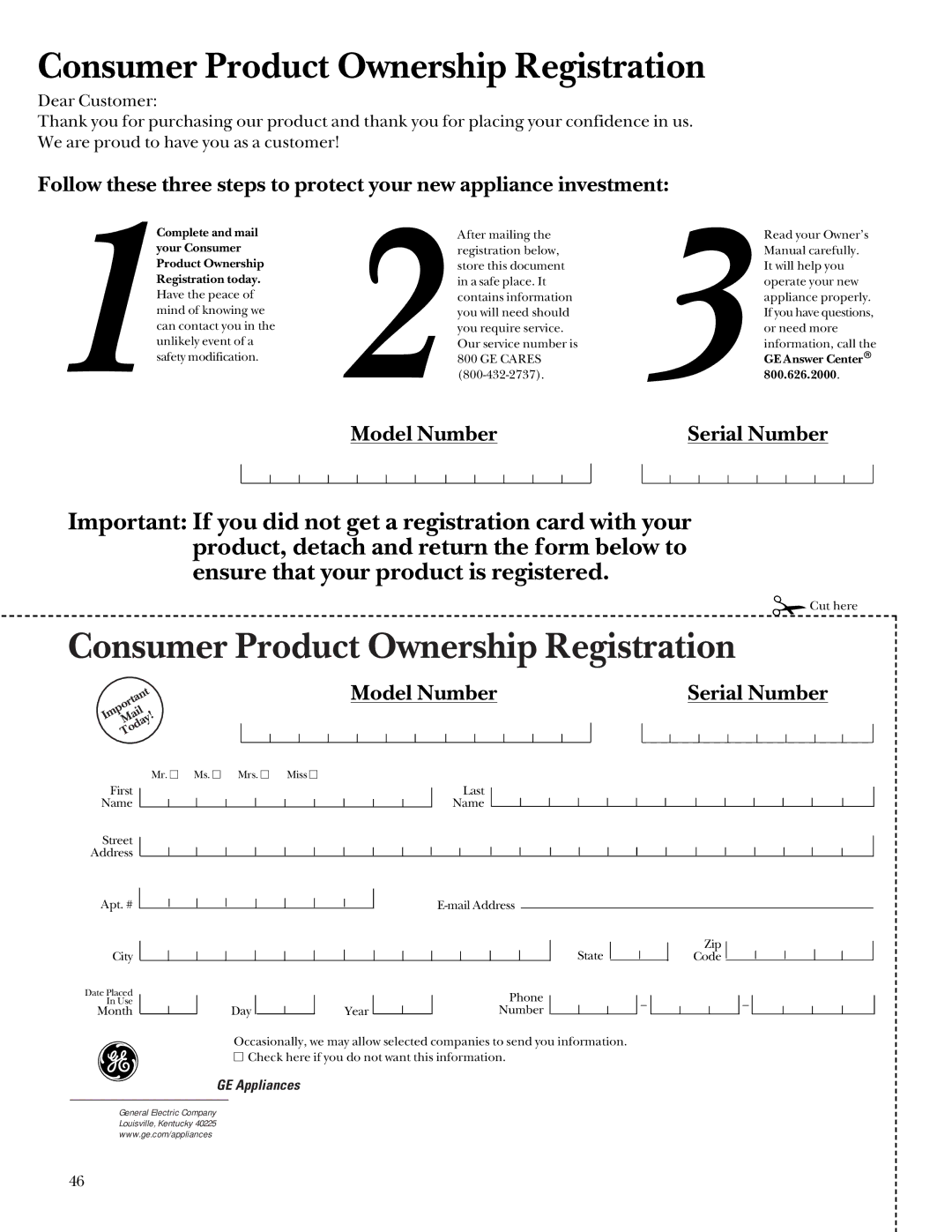 GE Monogram SCA2000, SCA2001 owner manual Consumer Product Ownership Registration, Model Number Serial Number 