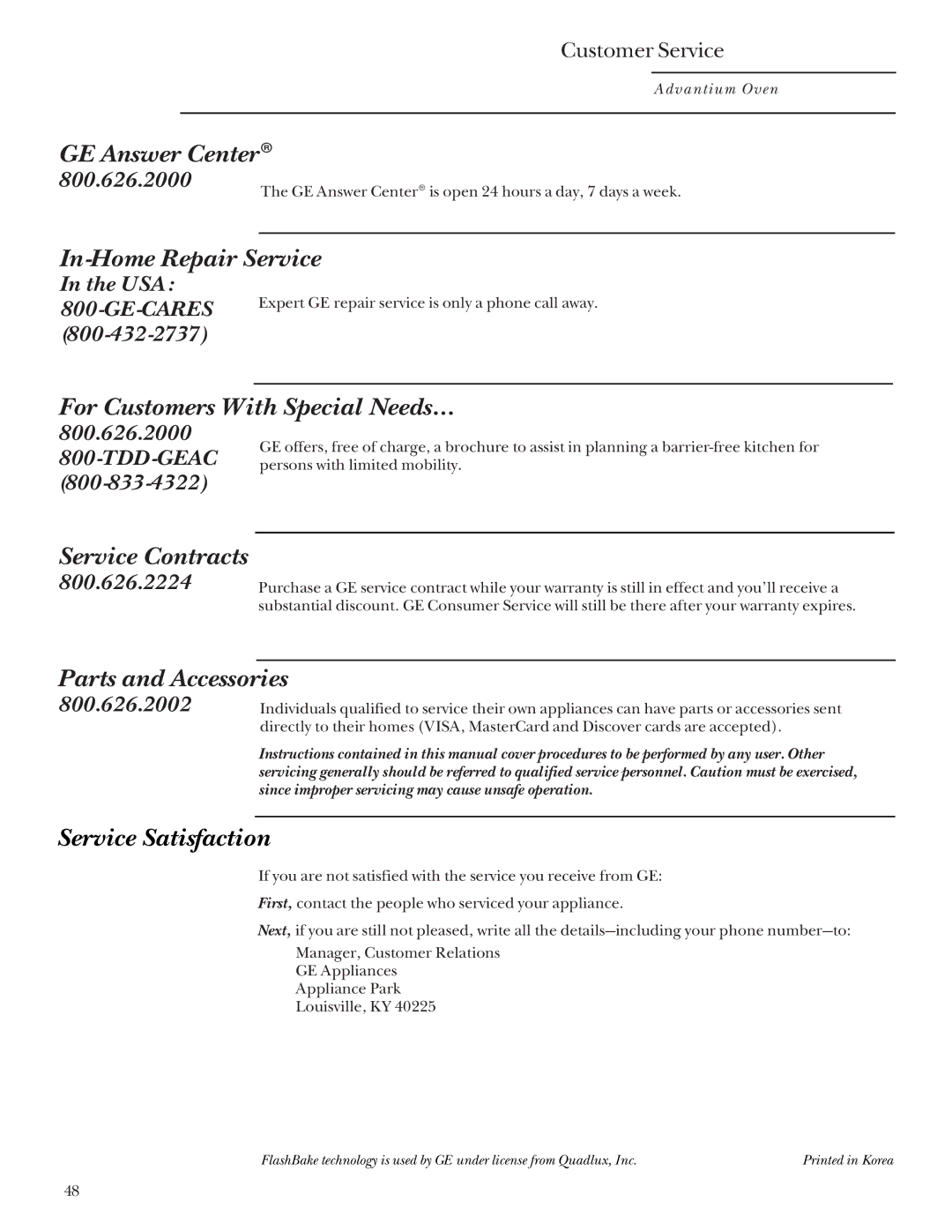 GE Monogram SCA2000, SCA2001 owner manual Usa, 800.626.2000 800-TDD-GEAC, 800.626.2224, 800.626.2002 