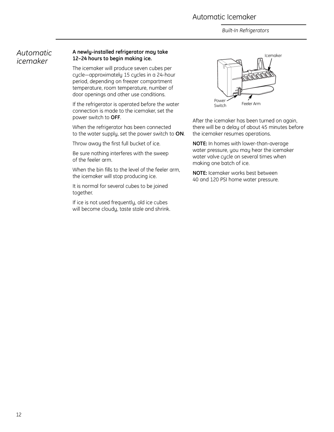 GE Monogram Side-by-Side Built-In Refrigerators owner manual Automatic Icemaker, Automatic icemaker 