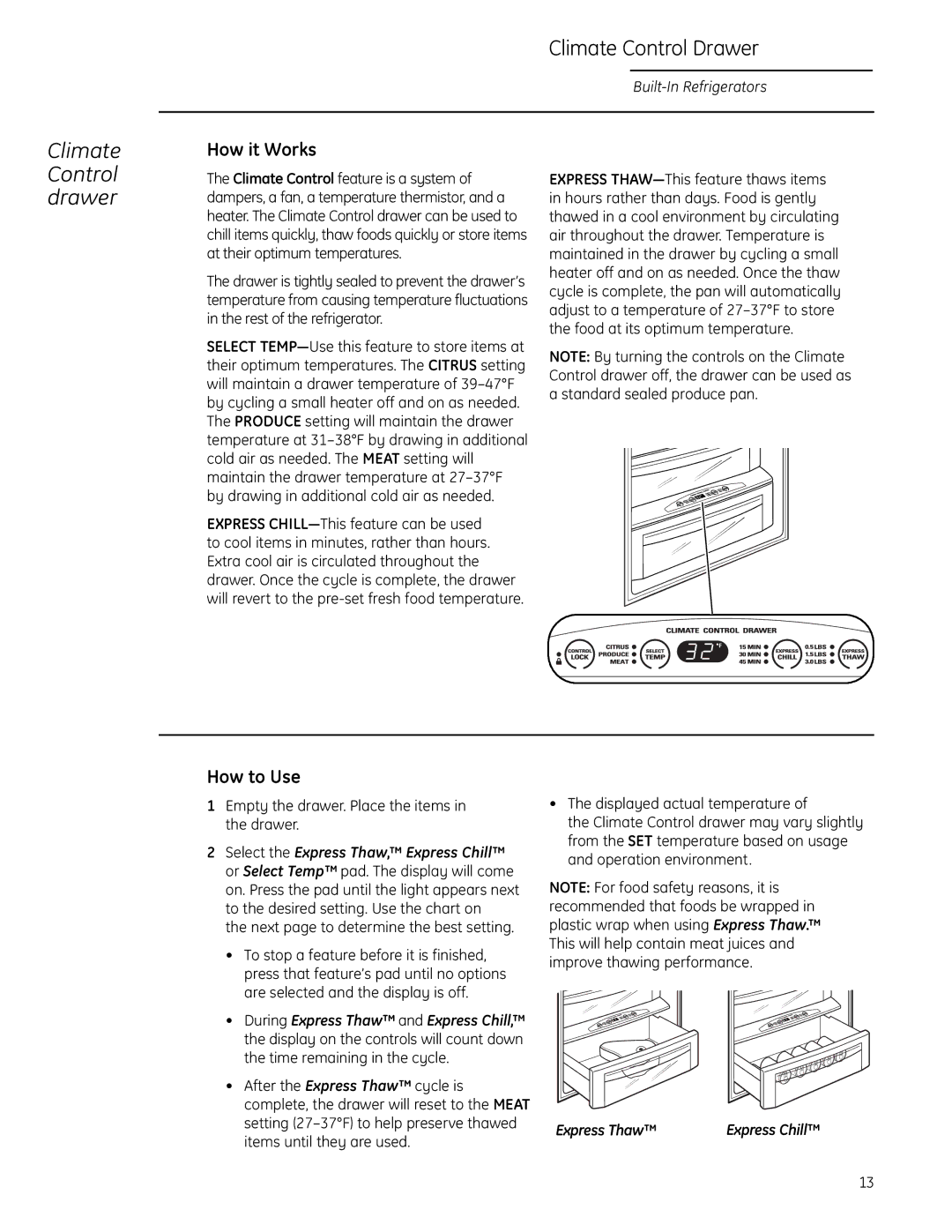 GE Monogram Side-by-Side Built-In Refrigerators owner manual Climate Control Drawer, Control drawer 