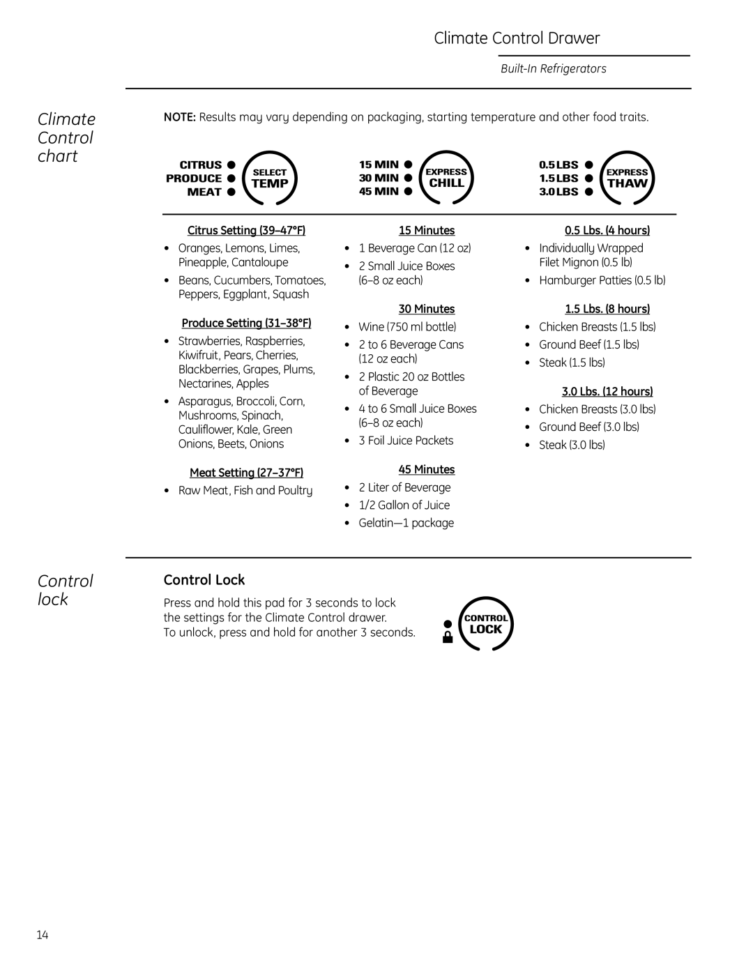 GE Monogram Side-by-Side Built-In Refrigerators owner manual Climate Control chart, Control lock, Produce Setting 31-38F 