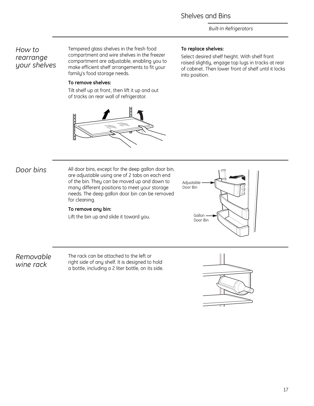 GE Monogram Side-by-Side Built-In Refrigerators owner manual Shelves and Bins, Door bins, How to rearrange your shelves 