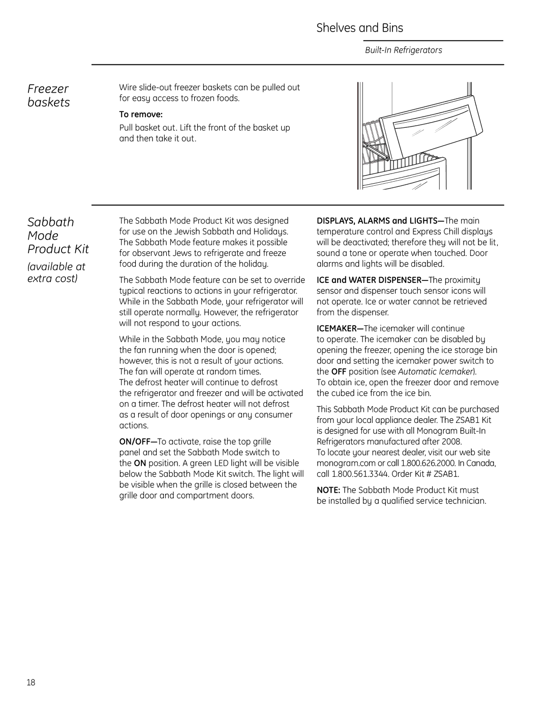 GE Monogram Side-by-Side Built-In Refrigerators owner manual Freezer baskets, Sabbath Mode Product Kit, To remove 