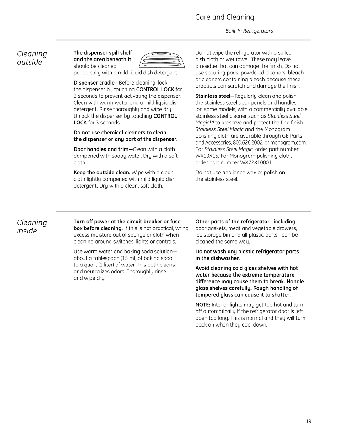 GE Monogram Side-by-Side Built-In Refrigerators owner manual Care and Cleaning, Cleaning outside, Cleaning inside 