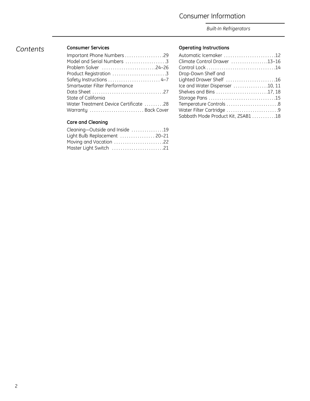 GE Monogram Side-by-Side Built-In Refrigerators owner manual Contents 