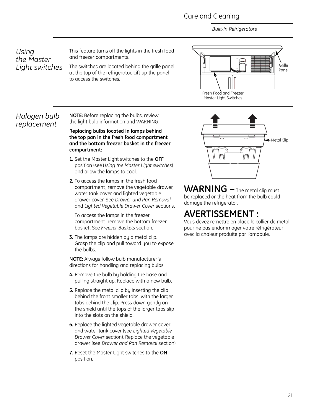 GE Monogram Side-by-Side Built-In Refrigerators owner manual Using, Master Light switches, Halogen bulb replacement 