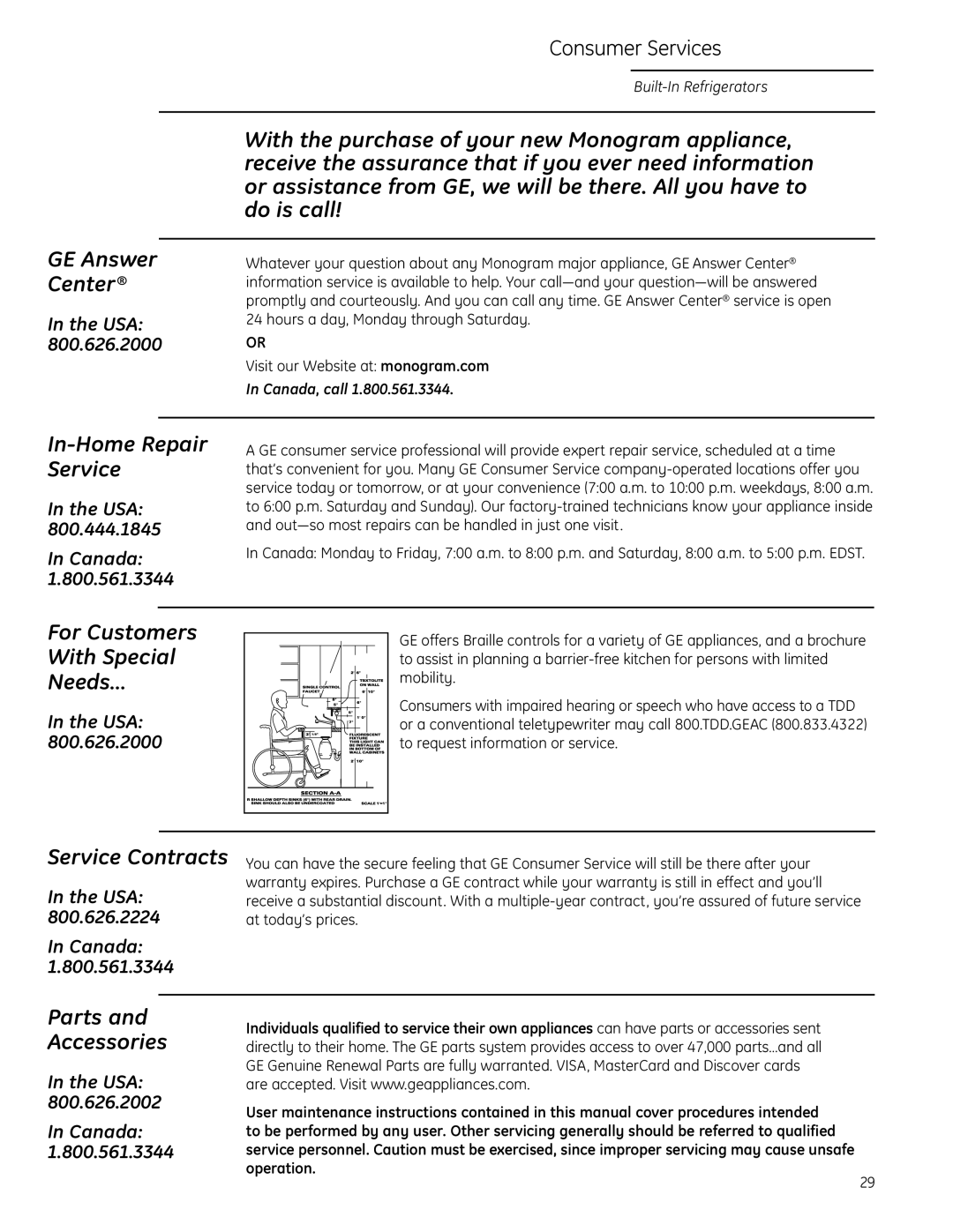 GE Monogram Side-by-Side Built-In Refrigerators owner manual Consumer Services, In-Home Repair Service 