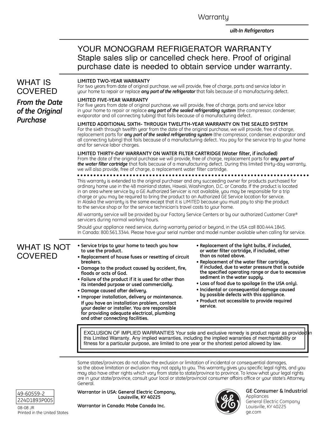 GE Monogram Side-by-Side Built-In Refrigerators owner manual From the Date Original Purchase, Warranty 