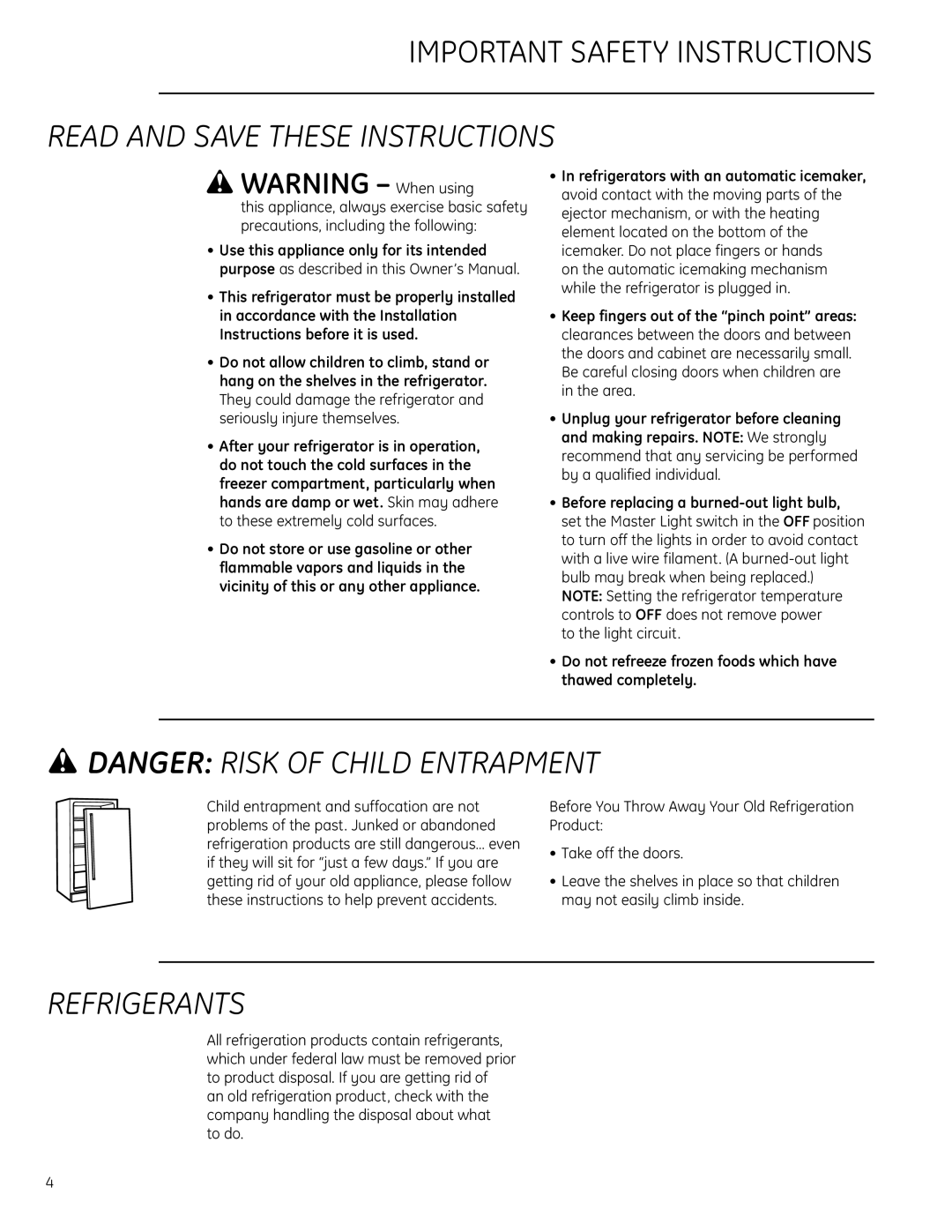 GE Monogram Side-by-Side Built-In Refrigerators owner manual Read and Save These Instructions 