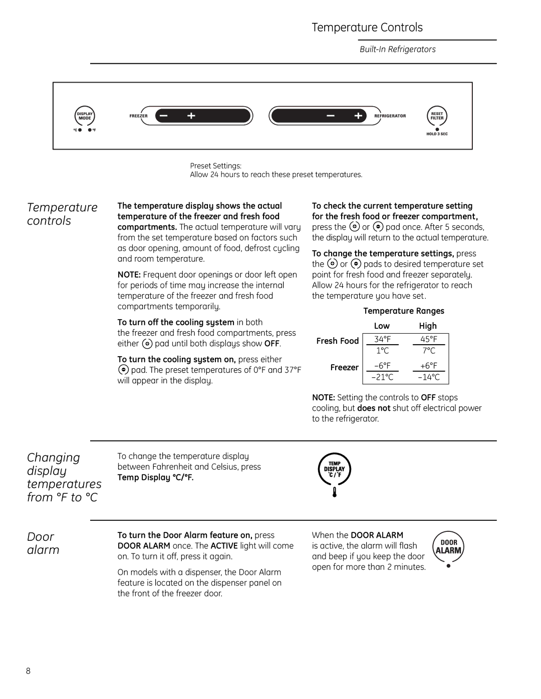 GE Monogram Side-by-Side Built-In Refrigerators owner manual Temperature Controls, Door alarm, Temperature controls 