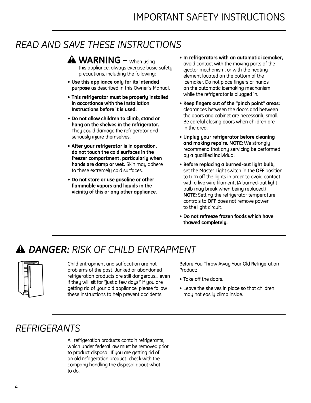 GE Monogram Side-by-Side Built-In Refrigerators Important Safety Instructions, Read And Save These Instructions 