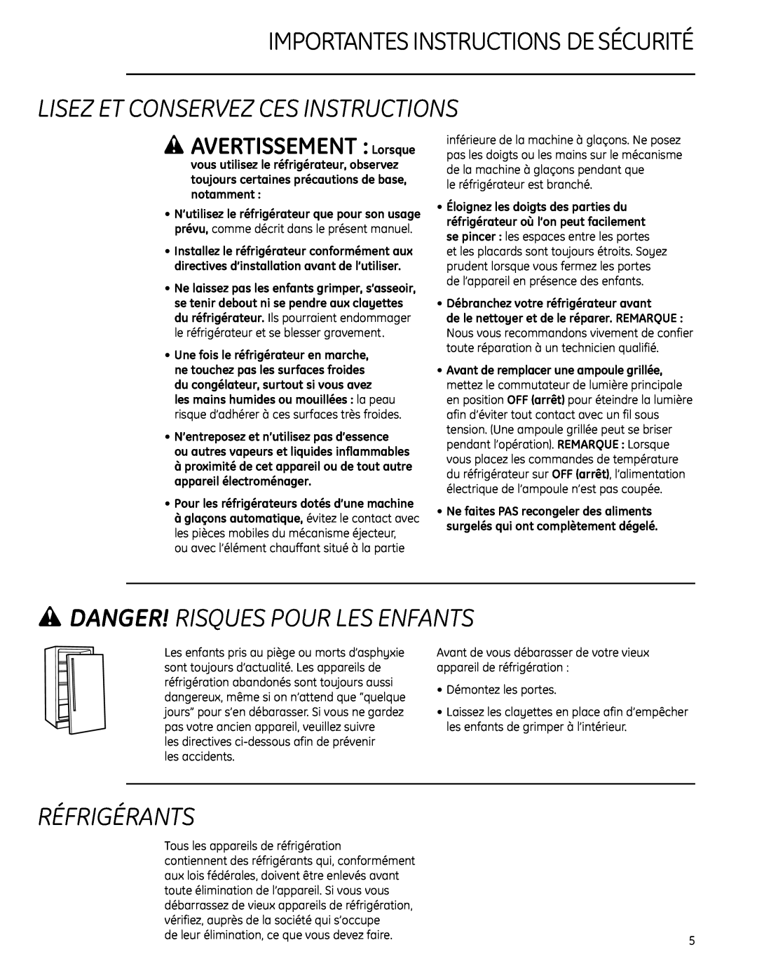 GE Monogram Side-by-Side Built-In Refrigerators Importantes Instructions De Sécurité, Lisez Et Conservez Ces Instructions 