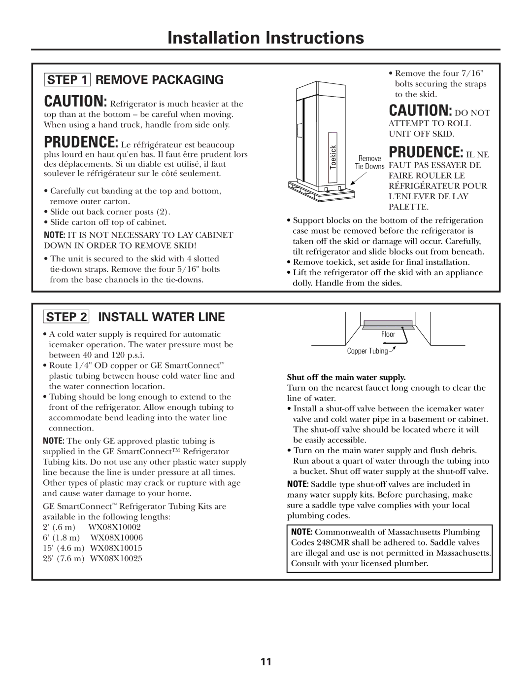 GE Monogram Side by Side Refrigerators Remove Packaging, Install Water Line, Shut off the main water supply 