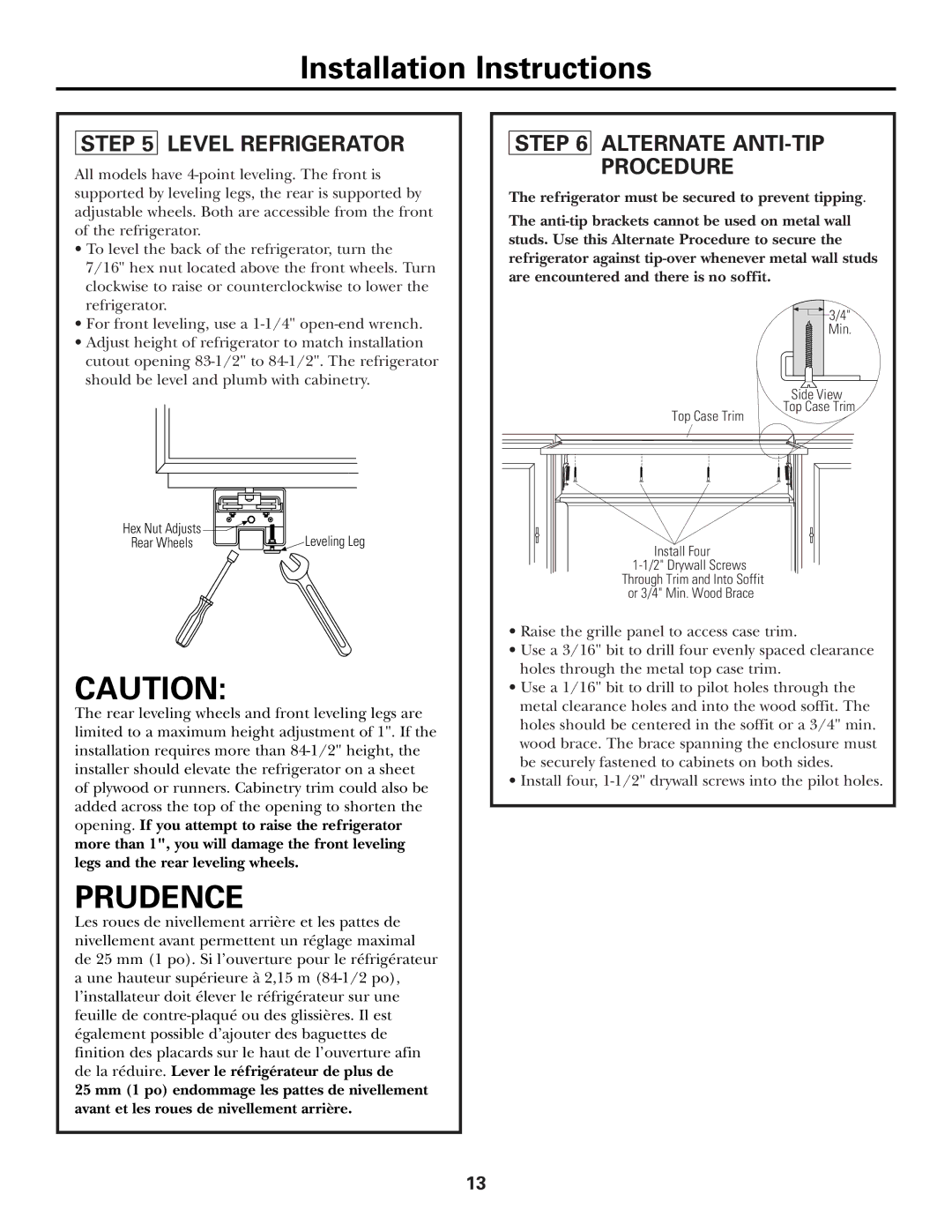 GE Monogram Side by Side Refrigerators installation instructions Level Refrigerator, Alternate ANTI-TIP Procedure 