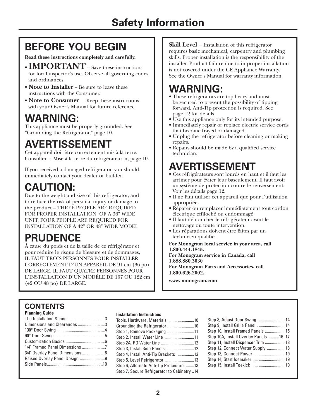 GE Monogram Side by Side Refrigerators installation instructions Before YOU Begin, Contents 