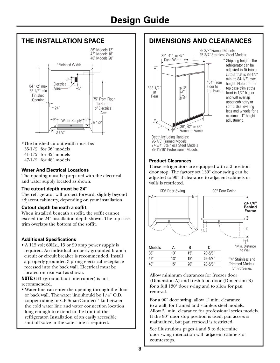 GE Monogram Side by Side Refrigerators installation instructions Installation Space Dimensions and Clearances 