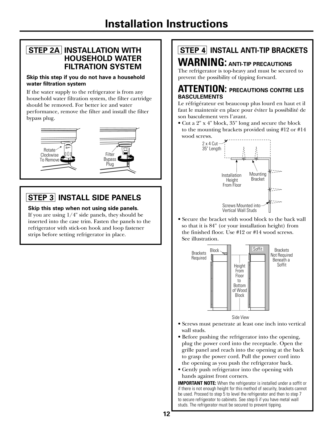 GE Monogram Side by Side Refrigerators Install Side Panels, Install Anti-Tip Brackets, Warning Anti-Tip Precautions 