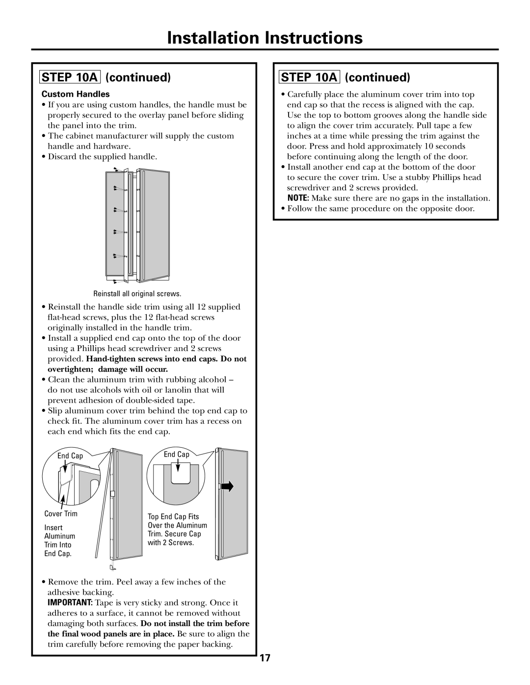 GE Monogram Side by Side Refrigerators installation instructions A continued, Custom Handles, Installation Instructions 
