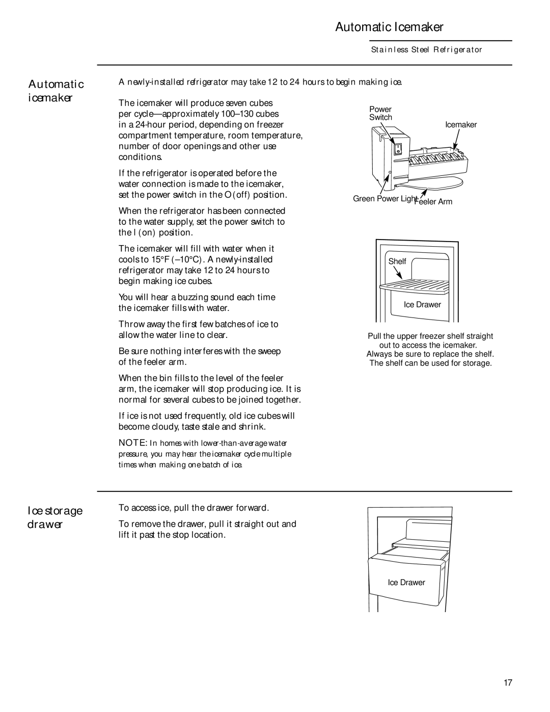 GE Monogram Side-by-Side Stainless Steel Free-Standing Refrigerators owner manual Automatic icemaker, Ice storage drawer 