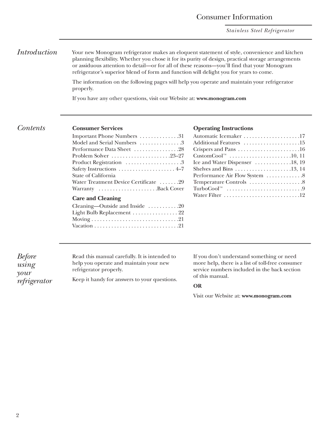 GE Monogram Side-by-Side Stainless Steel Free-Standing Refrigerators owner manual Introduction, Contents 