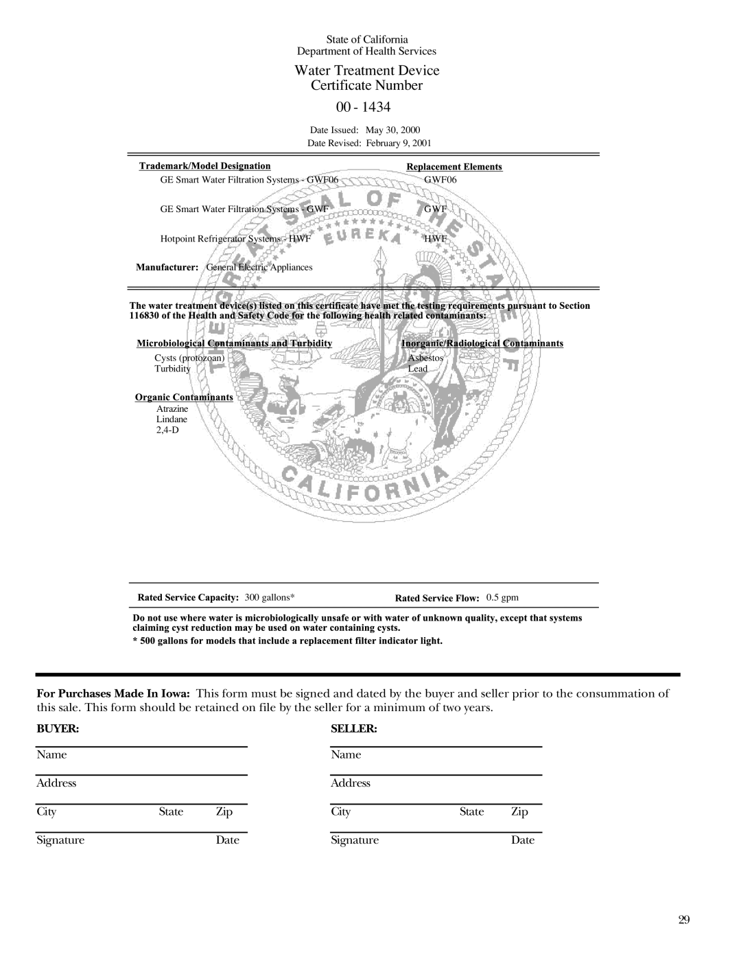 GE Monogram Side-by-Side Stainless Steel Free-Standing Refrigerators owner manual Water Treatment Device Certificate Number 