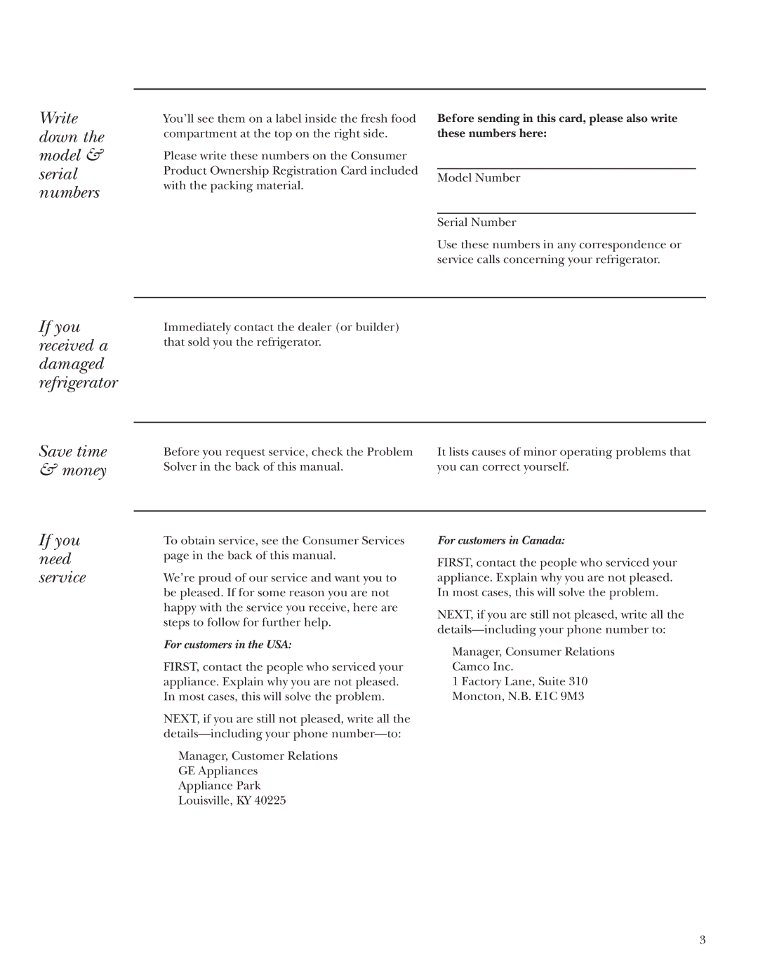 GE Monogram Side-by-Side Stainless Steel Free-Standing Refrigerators owner manual Write down the model & serial numbers 