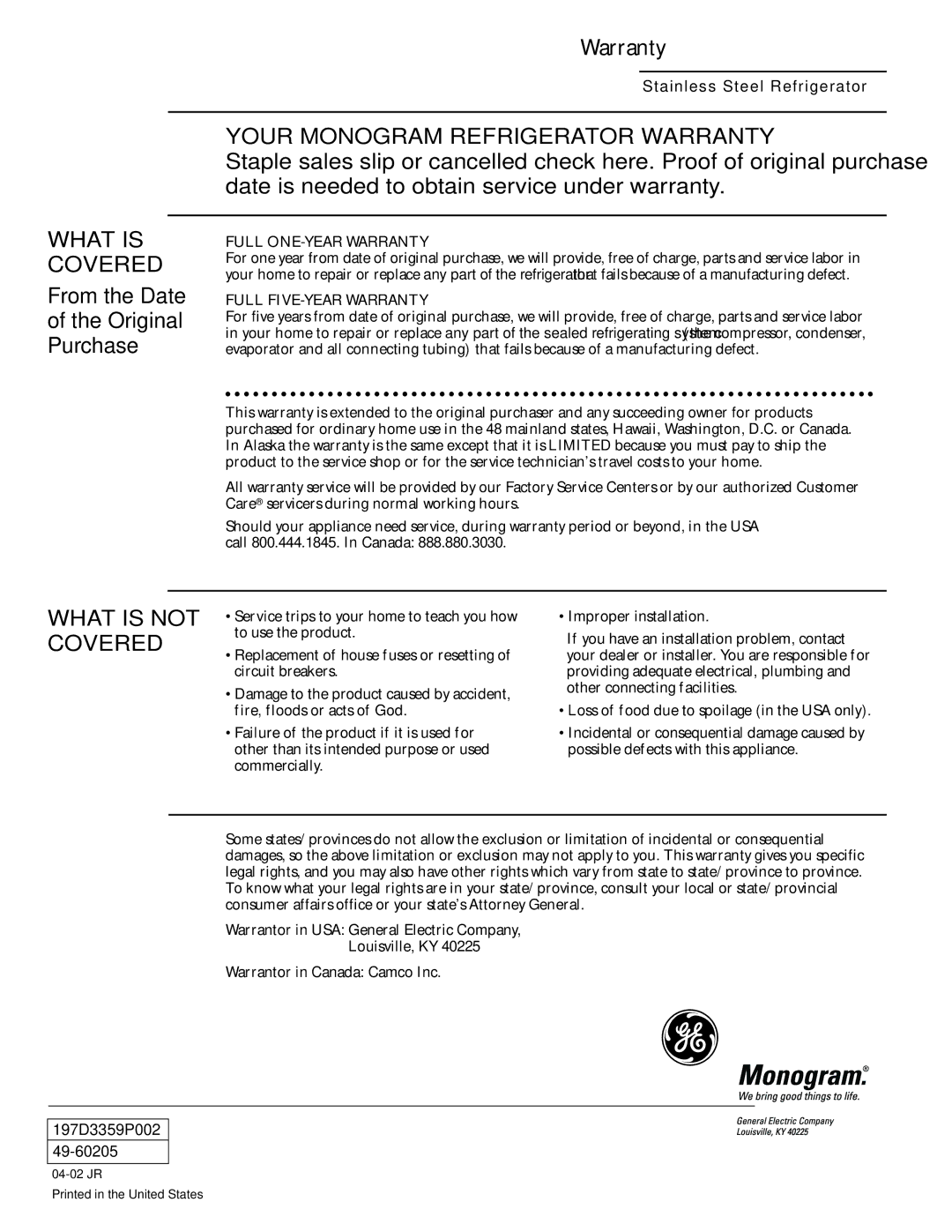 GE Monogram Side-by-Side Stainless Steel Free-Standing Refrigerators owner manual From the Date Original Purchase 