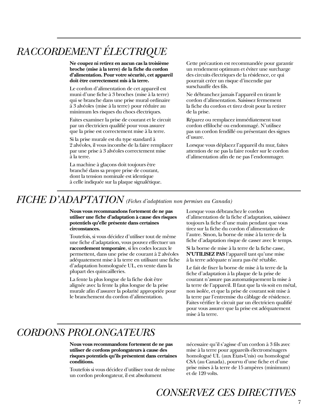 GE Monogram Side-by-Side Stainless Steel Free-Standing Refrigerators owner manual Raccordement Électrique 