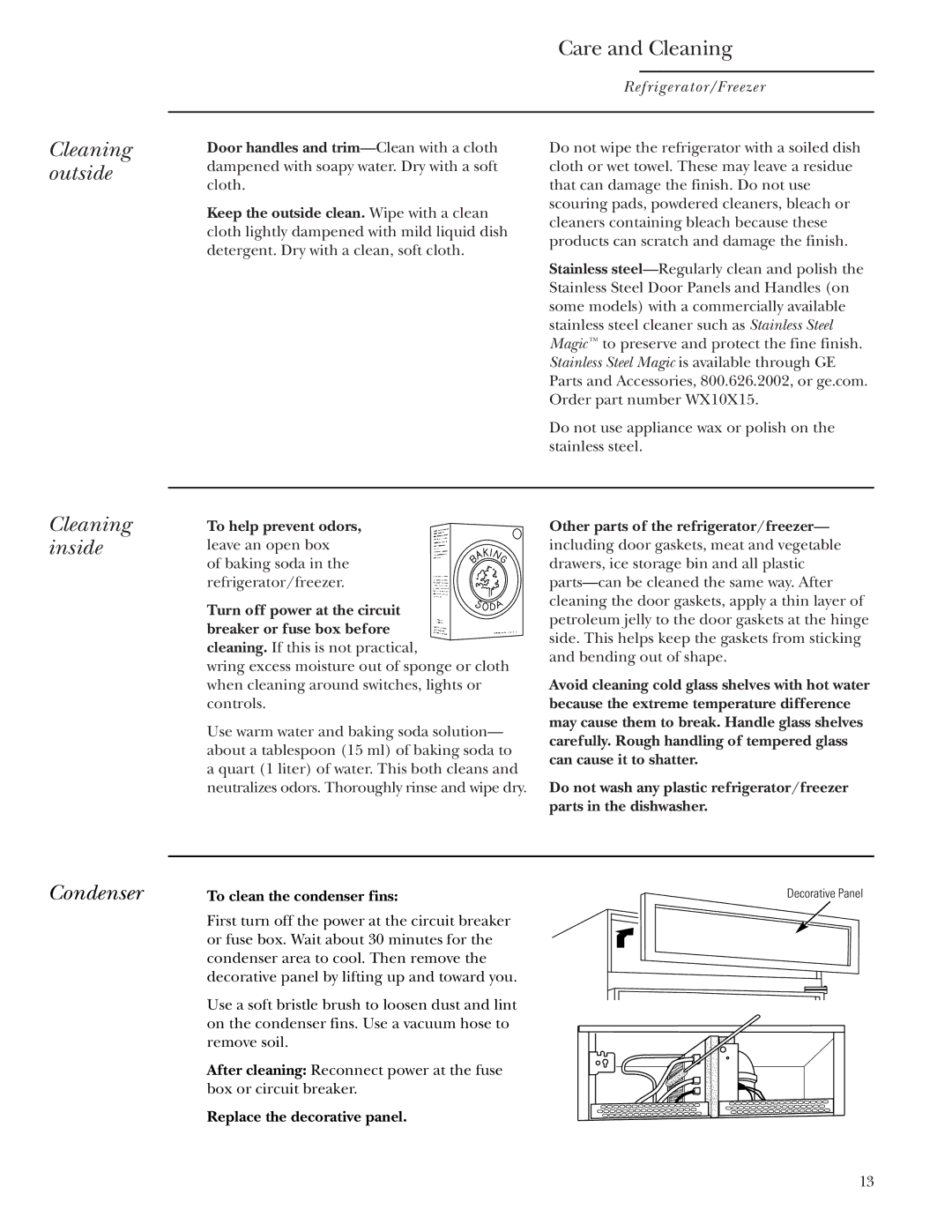 GE Monogram Single Door Refrigerator/Freezer, ZIRS36NMRH owner manual Cleaning outside, Cleaning inside, Condenser 