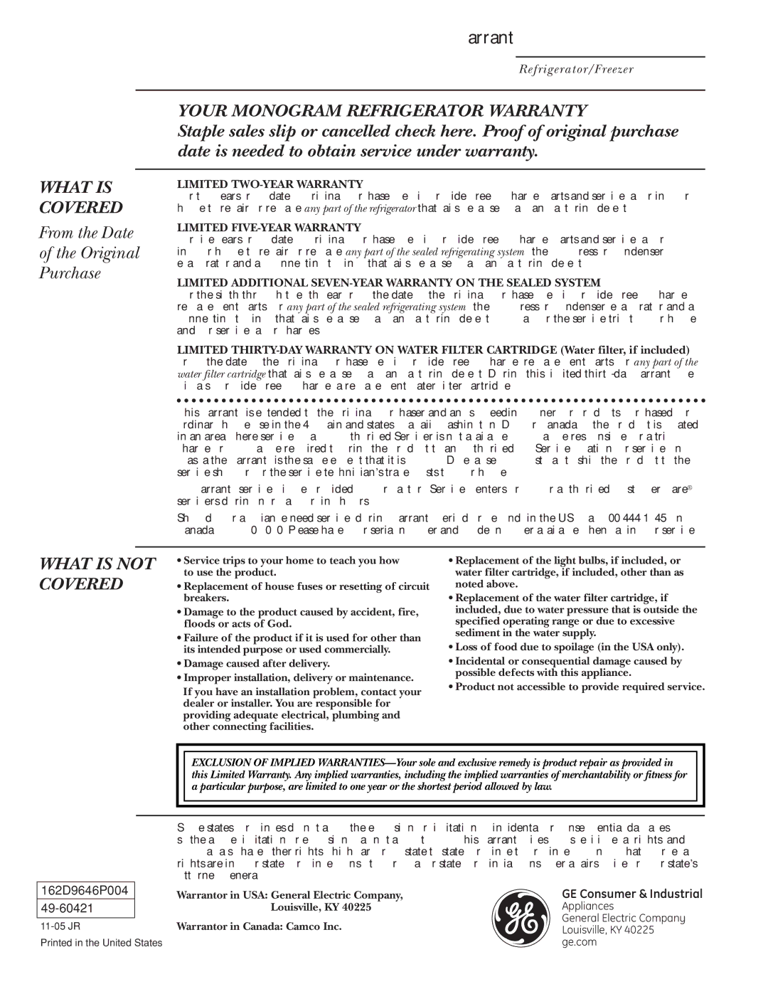 GE Monogram ZIRS36NMRH owner manual From the Date Original Purchase, Your Monogram Refrigerator Warranty 