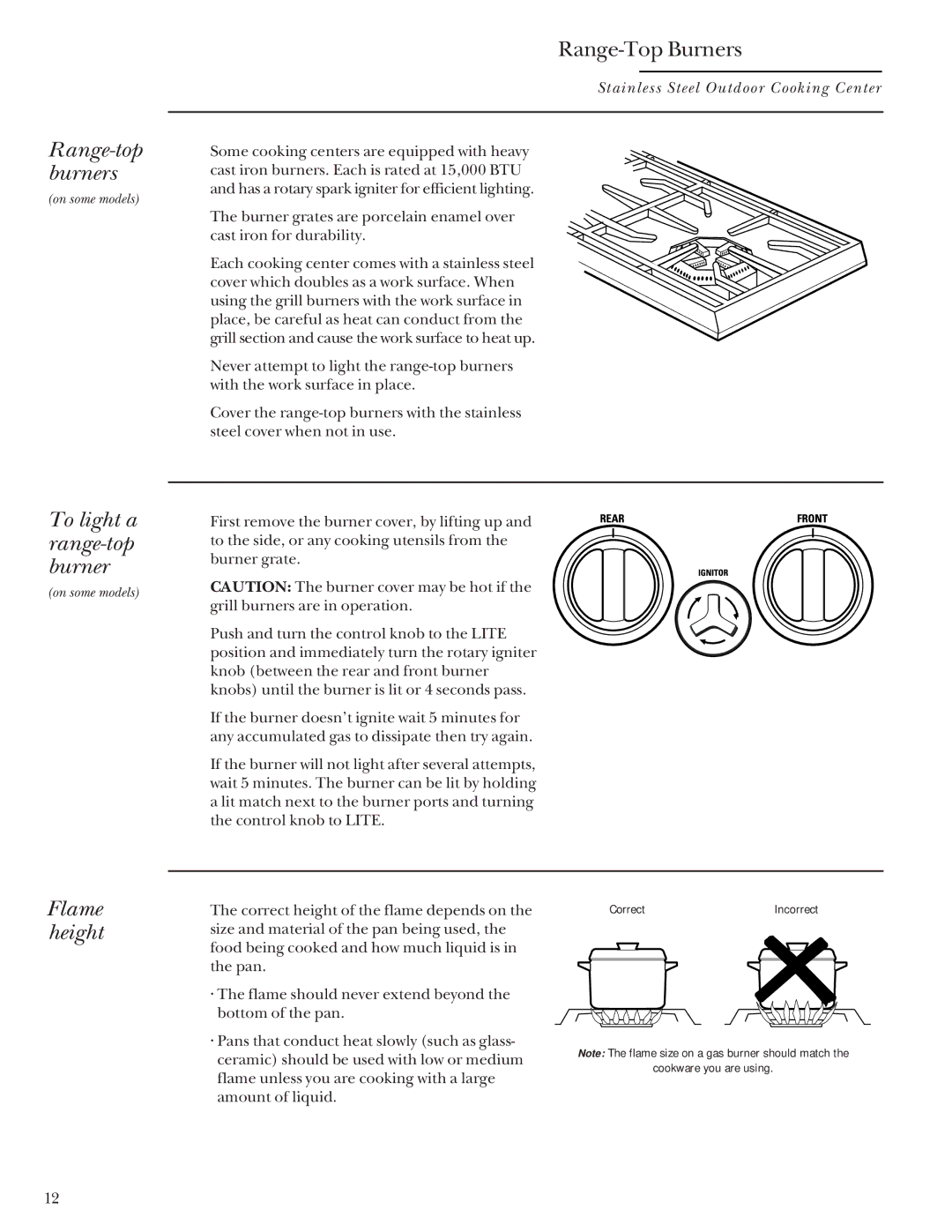 GE Monogram 36, 48, Stainless Steel Professional 27 manual Range-top burners, To light a range-top burner, Flame height 