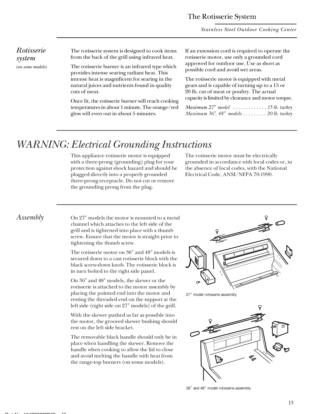 GE Monogram Stainless Steel Professional 27, 36, 48 manual Rotisserie system, Assembly 