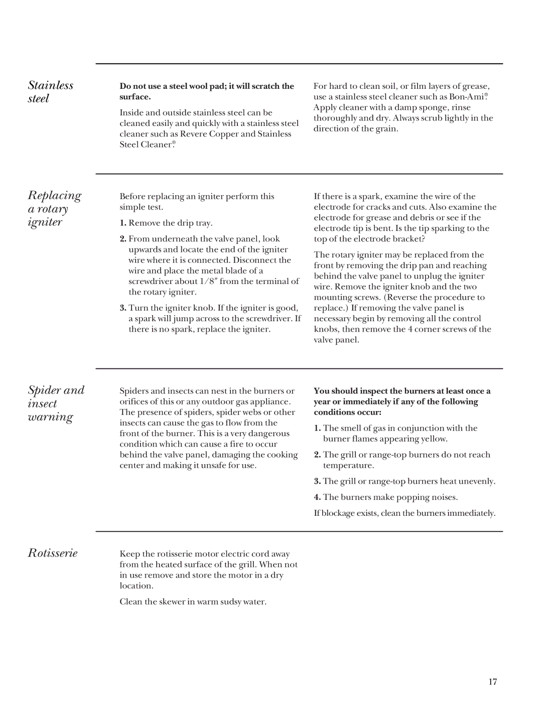 GE Monogram Stainless Steel Professional 27, 36, 48 Stainless steel, Replacing Rotary igniter, Spider and insect warning 