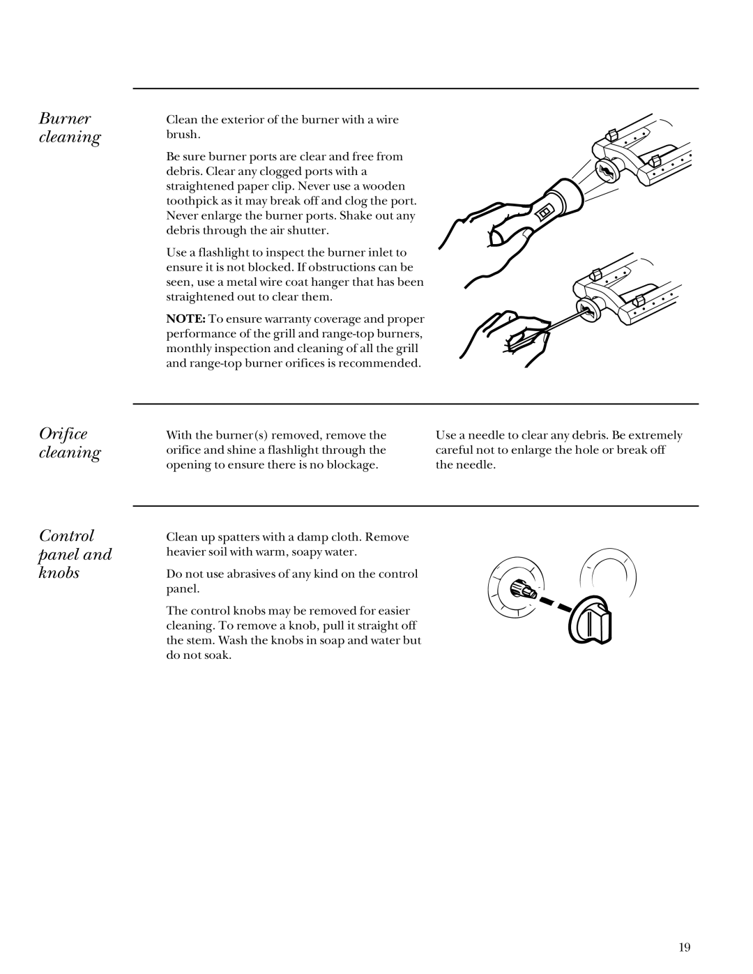 GE Monogram Stainless Steel Professional 27, 36, 48 manual Burner cleaning Orifice cleaning Control panel and knobs 