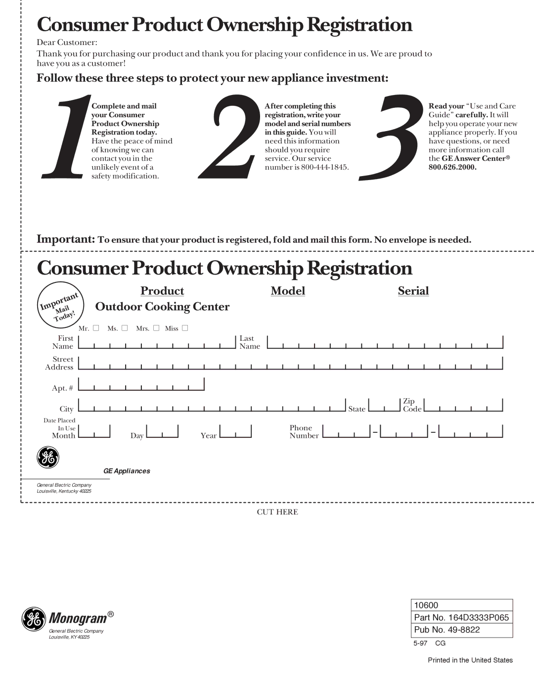 GE Monogram 36, 48, Stainless Steel Professional 27 manual Consumer Product Ownership Registration 