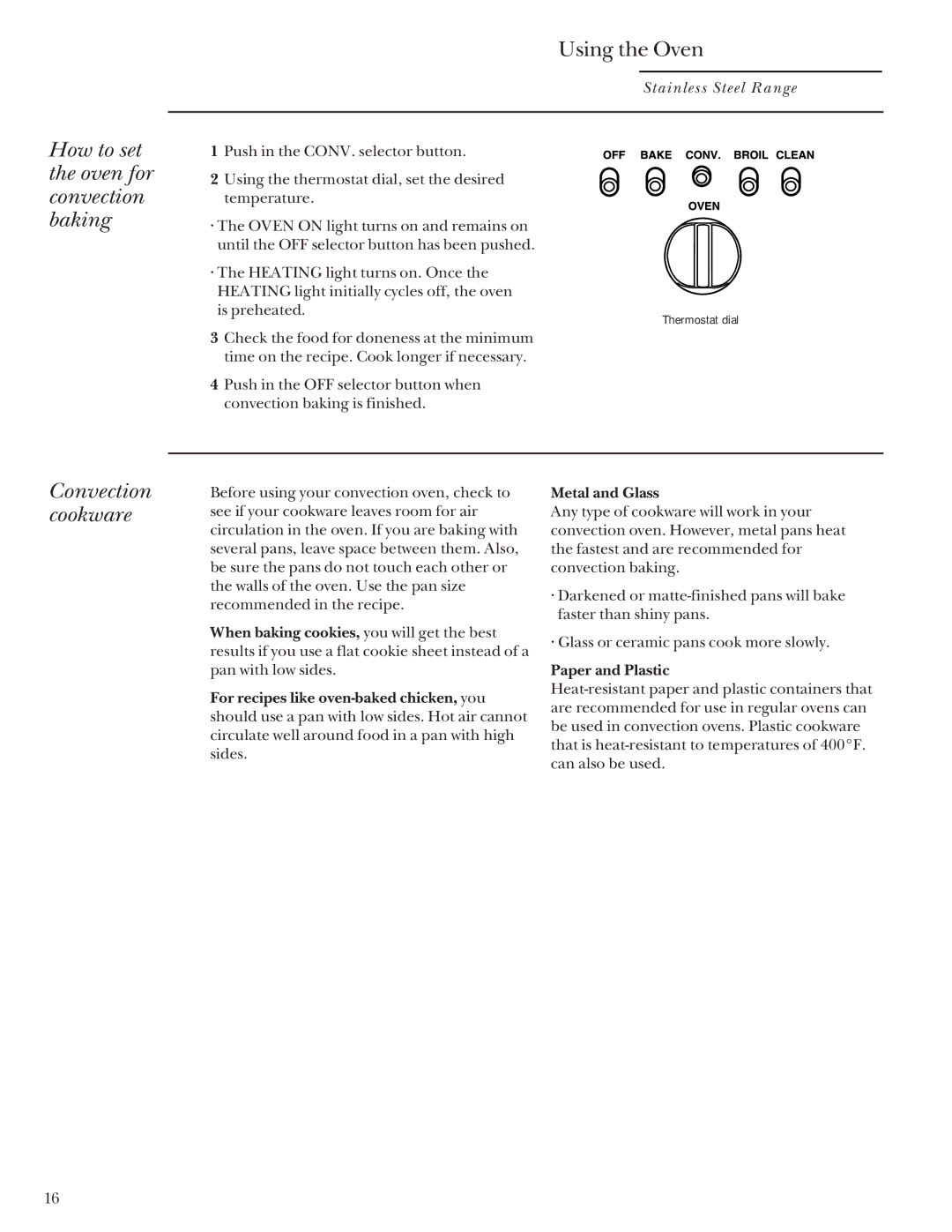 GE Monogram Stainless Steel Professional 30 Range manual How to set the oven for convection baking, Convection cookware 