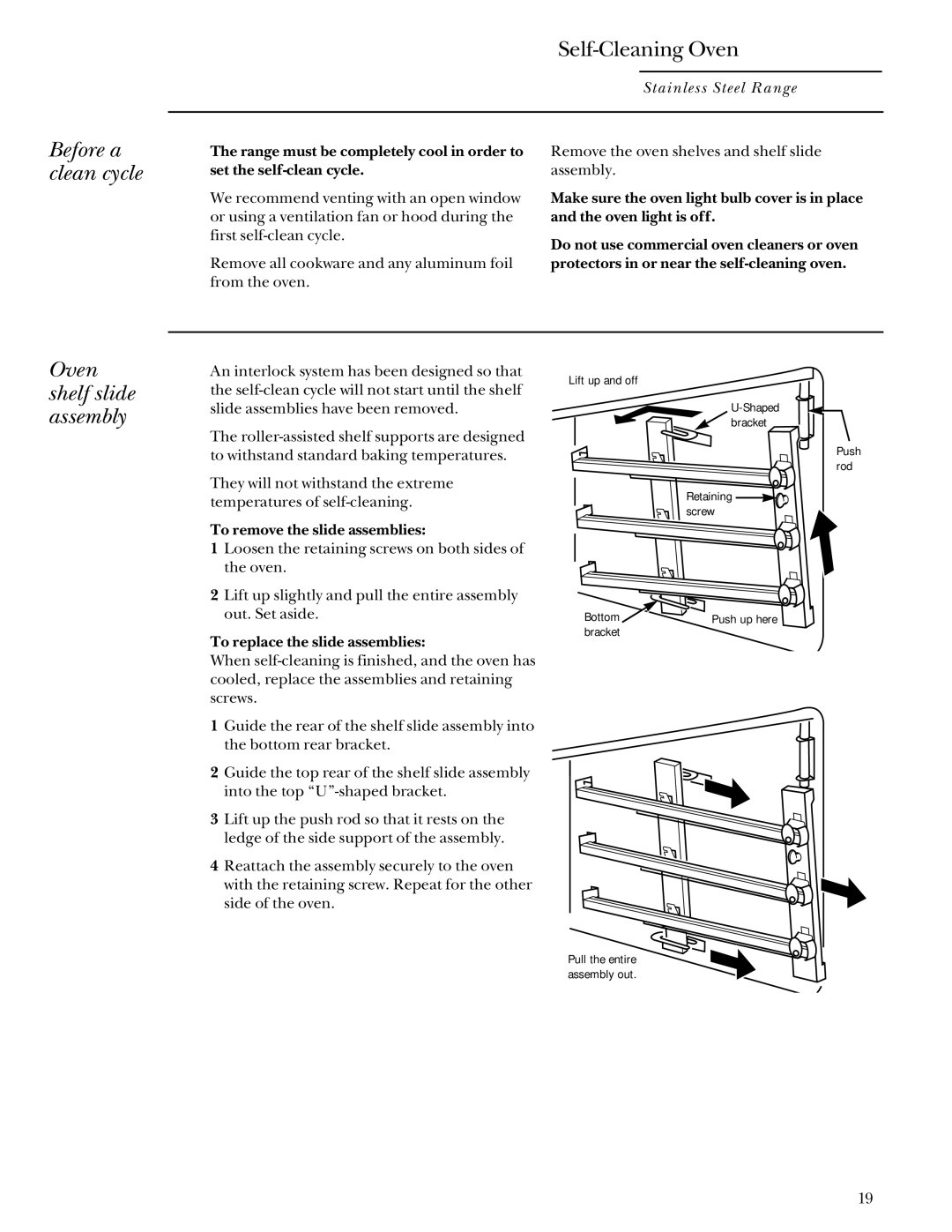 GE Monogram Stainless Steel Professional 30 Range manual Before a clean cycle, Oven shelf slide assembly 