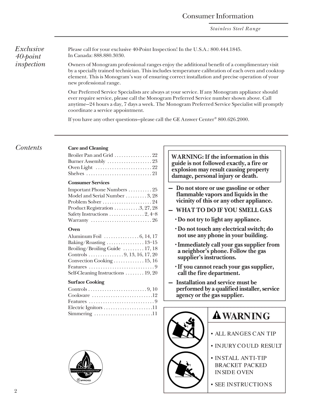 GE Monogram Stainless Steel Professional 30 Range manual Exclusive 40-point inspection, Contents 