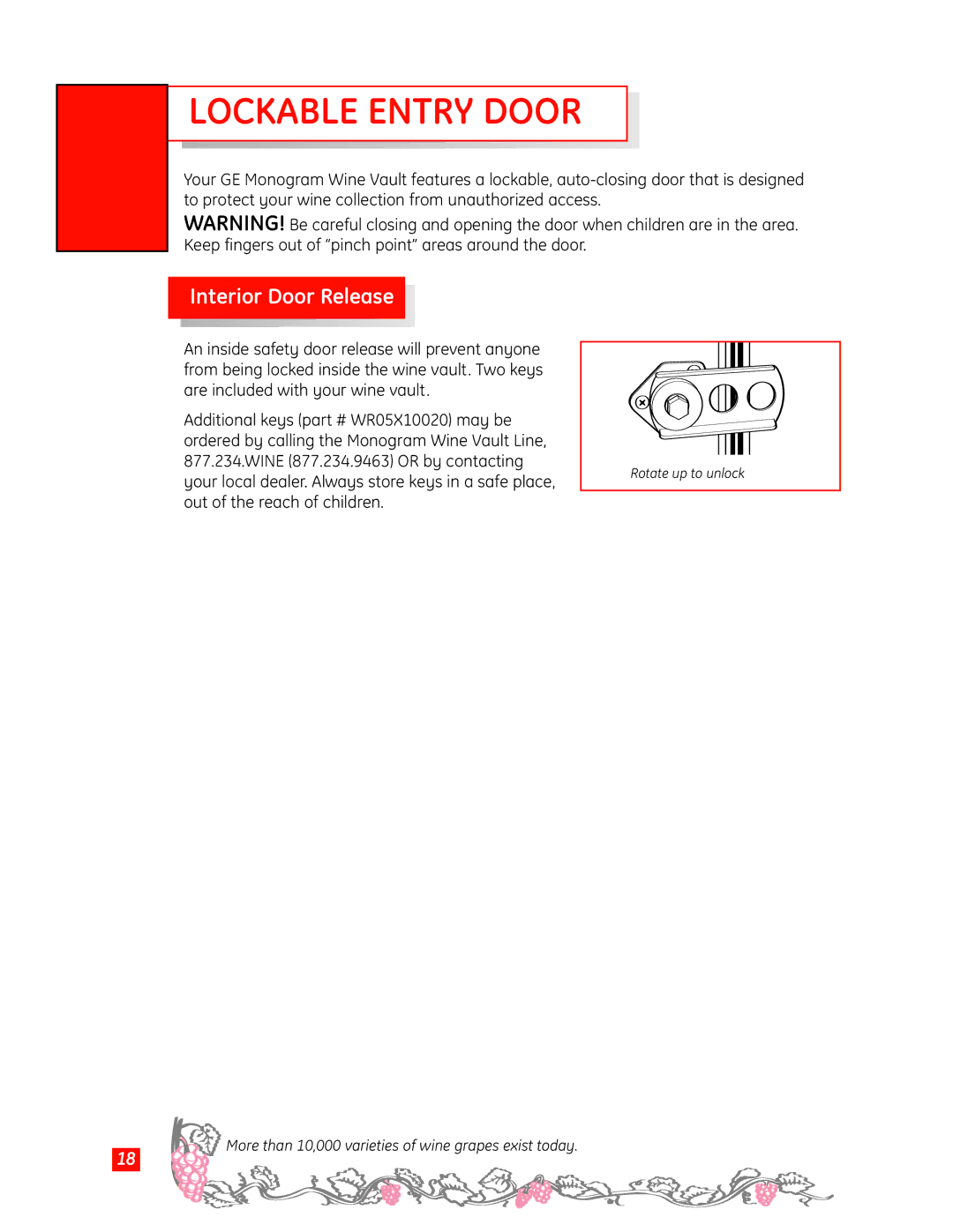 GE Monogram Wine Vault owner manual Lockable Entry Door, Interior Door Release 