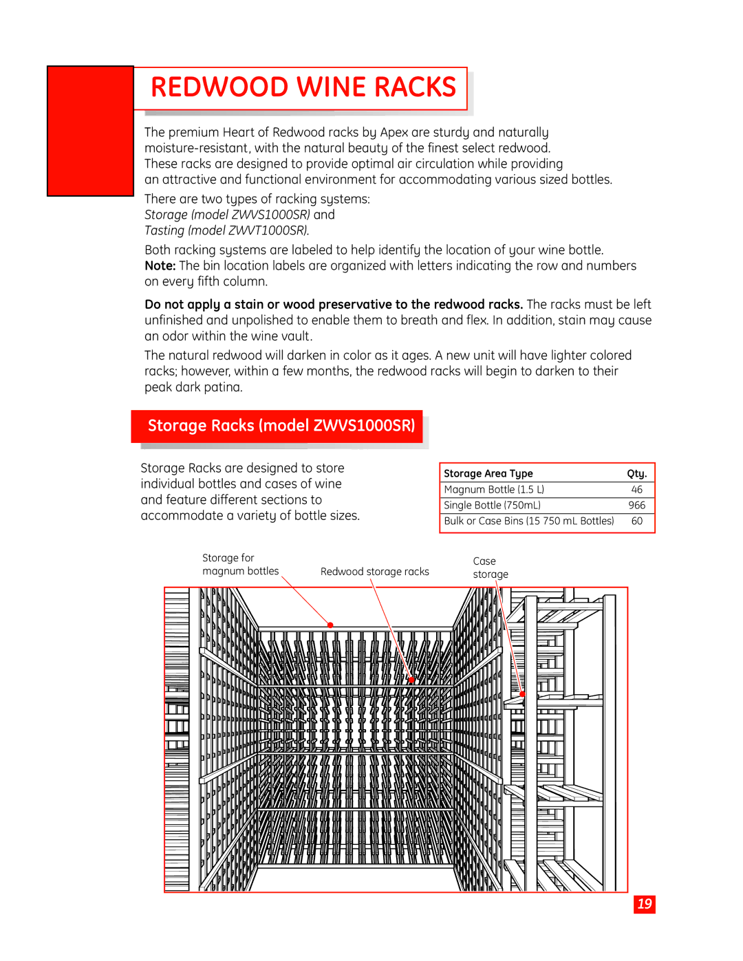 GE Monogram Wine Vault owner manual Redwood Wine Racks, Storage model ZWVS1000SR Tasting model ZWVT1000SR 