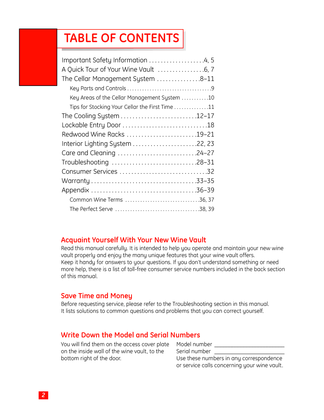 GE Monogram Wine Vault owner manual Table of Contents 