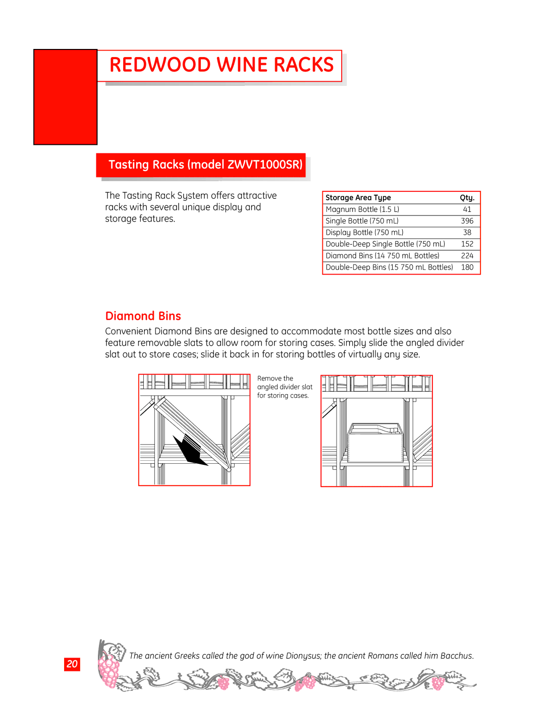 GE Monogram Wine Vault owner manual Diamond Bins, Tasting Racks model ZWVT1000SR 