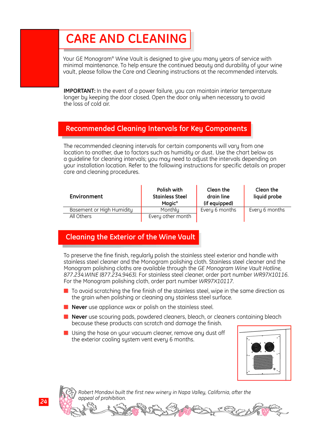 GE Monogram Wine Vault owner manual Care and Cleaning, Recommended Cleaning Intervals for Key Components, Environment 