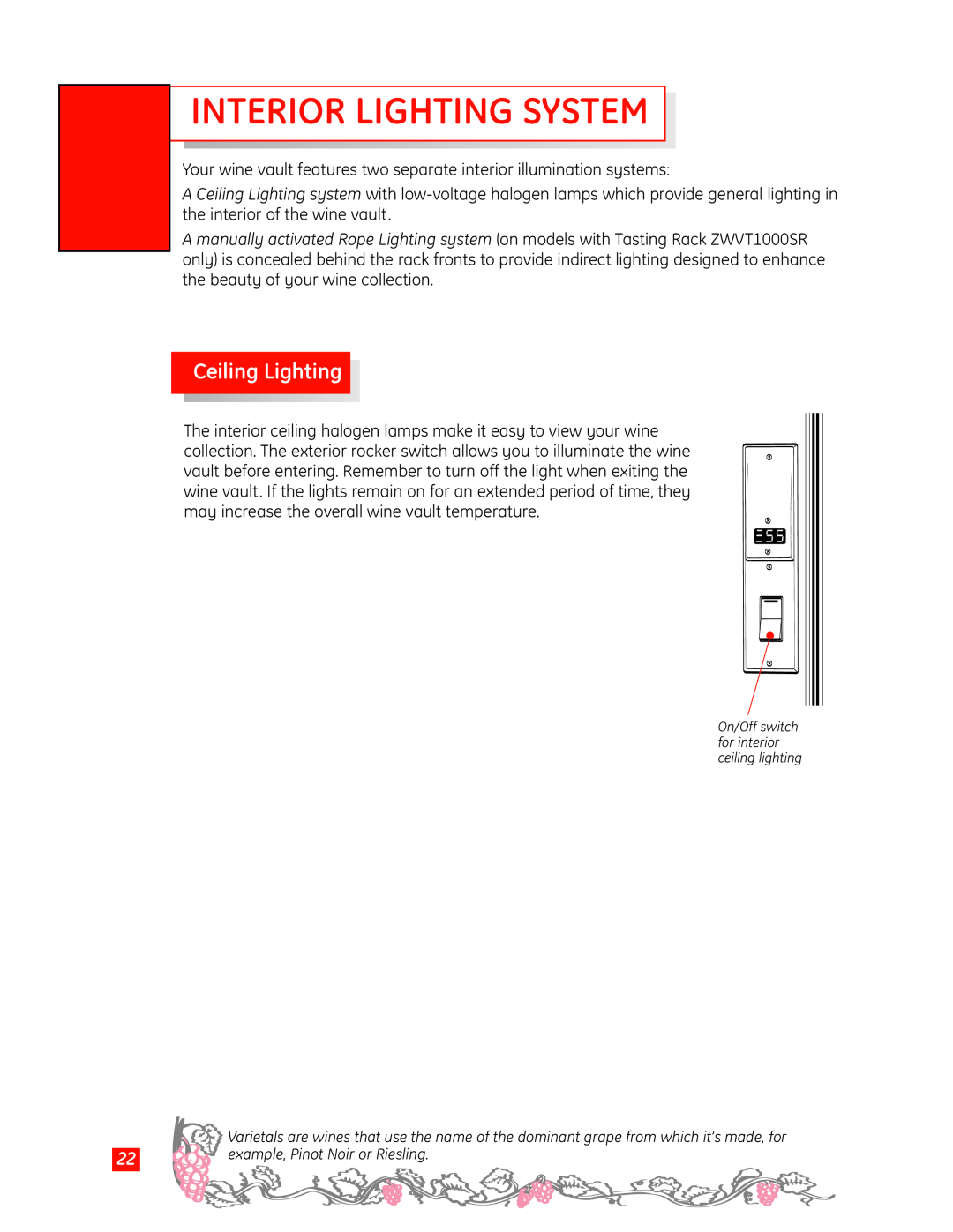 GE Monogram Wine Vault owner manual Interior Lighting System, Ceiling Lighting 