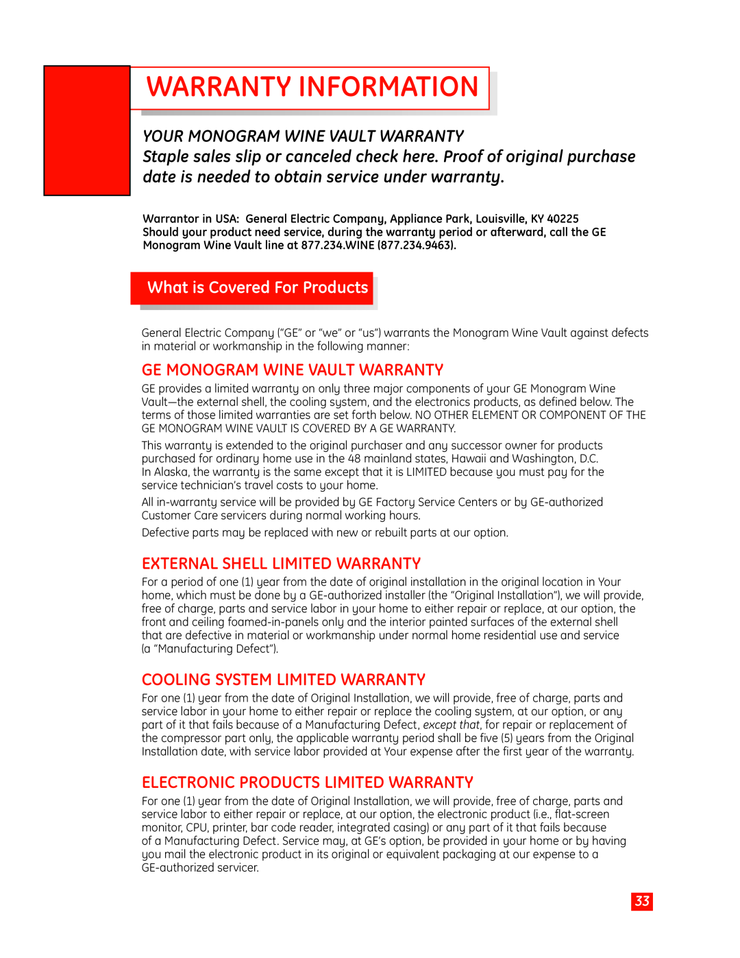GE Monogram owner manual Warranty Information, Your Monogram Wine Vault Warranty, Ge Monogram Wine Vault Warranty 