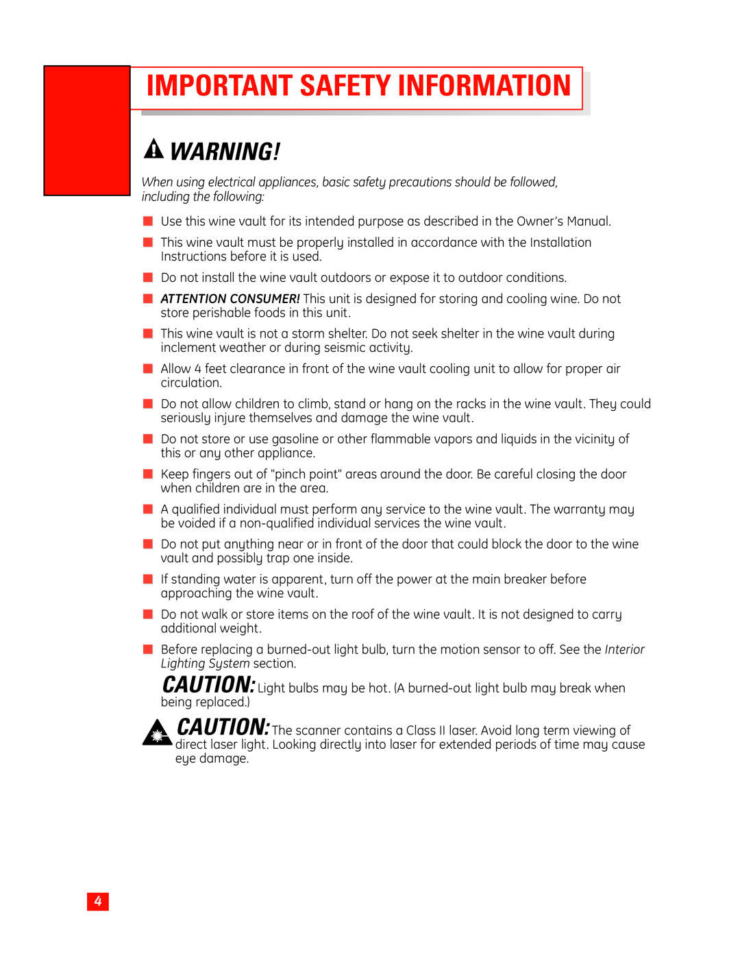 GE Monogram Wine Vault owner manual Important Safety Information 